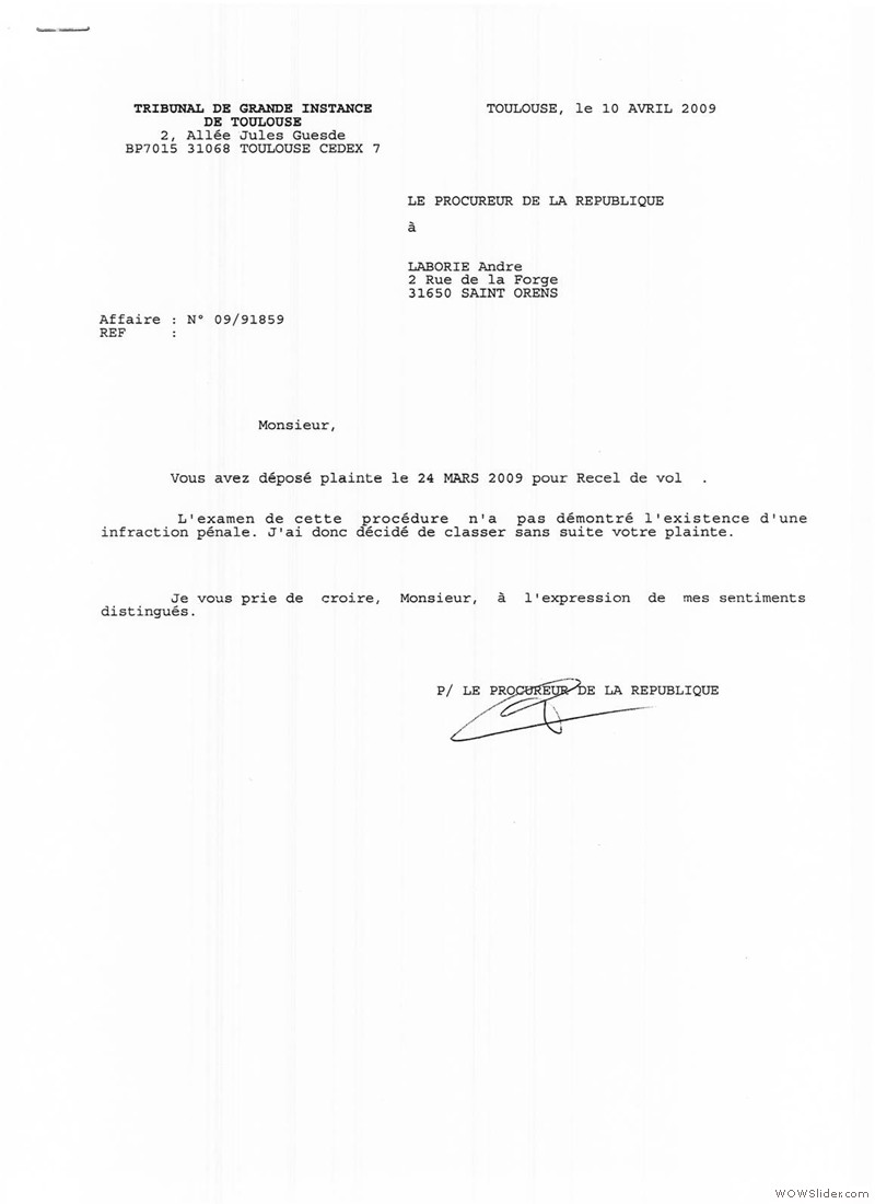 16 Plainte du 10 avril 2009